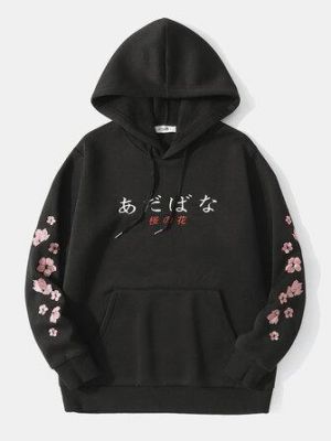 the spoty shop Hoodies Mens Cherry Blossom Letter Japanese Hoodies With Kangaroo Pocket
