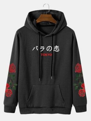 the spoty shop Hoodies Mens Casual Rose Japanese Letter Drawstring Pocket Hoodies