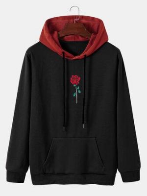 the spoty shop Hoodies Mens Rose Pattern Splicing Drawstring Hooded Sweatshirt With Kangaroo Pocket