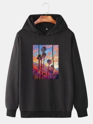 the spoty shop Hoodies Mens Coconut Tree Painting Graphic Cotton Drop Shoulder Hoodies
