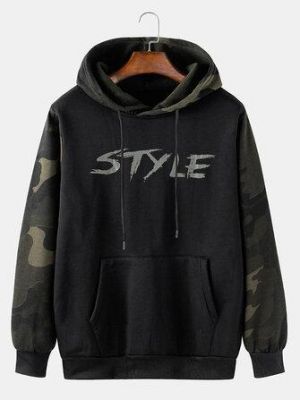 Mens Letter Print Camouflage Patchwork Kangaroo Pocket Long Sleeve Casual Hoodies