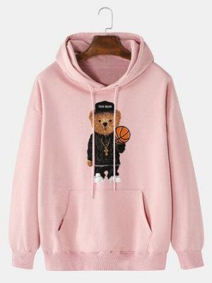 Mens 100% Cotton Cartoon Bear Print Drop Shoulder Drawstring Hoodies