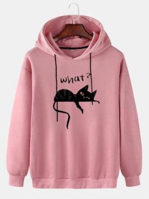 the spoty shop Hoodies Mens Cute Cat Letter Print Drop Shoulder Casual Drawstring Hoodies