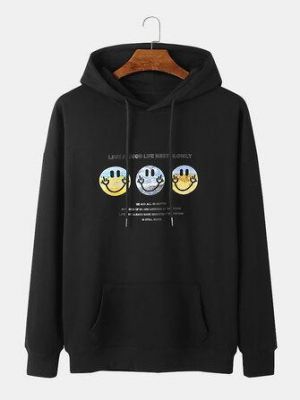 the spoty shop Hoodies Mens Smile Pattern Slogan Print Drop Shoulder Design Drawstring Hoodies