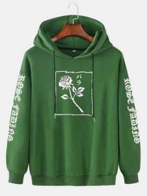 the spoty shop Hoodies Mens Rose Graphic Character Sleeve Print Casual Drawstring Hoodies