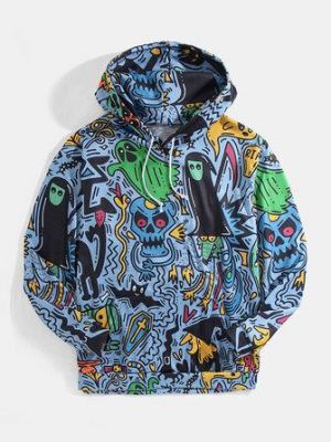 the spoty shop Hoodies Mens Halloween Allover Funny Ghost Print Kangaroo Pocket Drawstring Hoodies