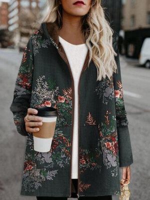 Women Winter Flower Print Cotton Vintage Hooded Coats