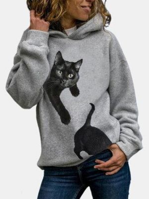 Women Cute Black Cat Print Daily Casual Pullover Hoodie