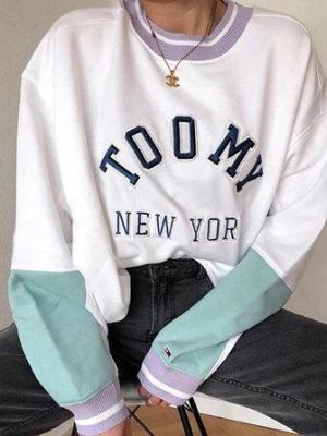 Women Cotton Letter Print Patchwork Color Block Long Sleeve Casual Sweatshirt