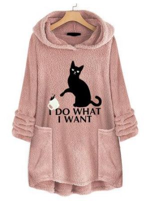 the spoty shop  WOMEN-WINTER NEW Women Casual Cat Print Hooded Fleece Thicken Sweatshirt Hoodies With Pocket