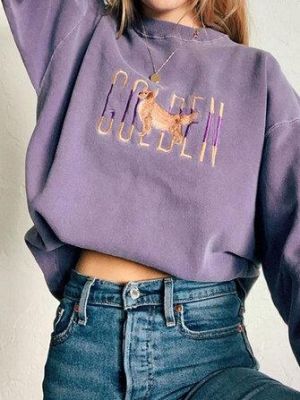Women Letter & Dog Embroidery Pullover Round Neck Casual Sweatshirts