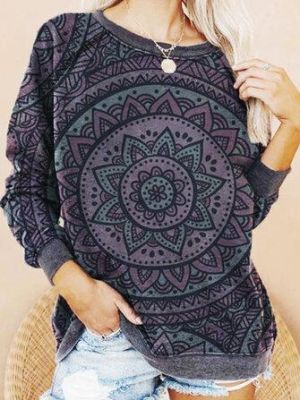 the spoty shop  WOMEN-WINTER NEW Women Vintage Flower Print Round Neck Long Sleeve Casual Sweatshirts