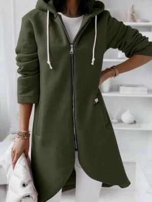 the spoty shop  WOMEN-WINTER NEW Women Solid Color Side Pocket Asymmertrical Hem Hoodie With Front Zipper