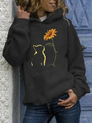 Women Abstract Cat And Sunflower Print Long Sleeve Kangaroo Pocket Hoodies