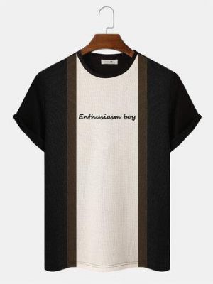 Mens Veins Stripe Patchwork Letter Embroidery Preppy T-Shirts