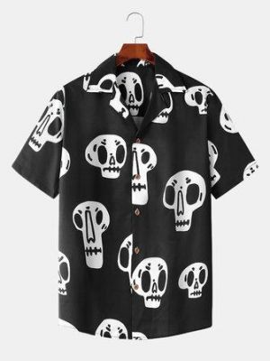 Mens Skeleton Print Revere Collar Short Sleeve Shirt