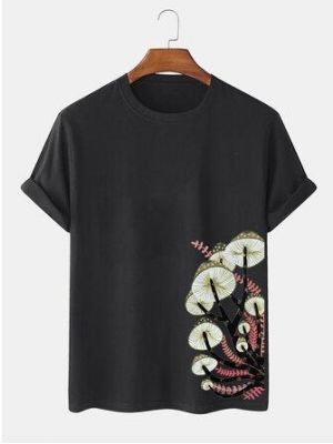 Mens 100% Cotton Mushroom Side Print O-Neck Short Sleeve T-Shirt