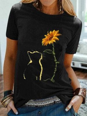Cat Sunflower Printed O-neck Short Sleeve Casual T-Shirts For Women