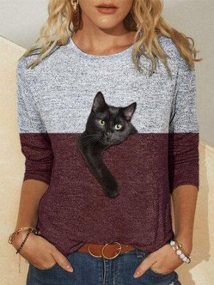 the spoty shop  WOMEN Women Contrast Color 3D Cat Print Long Sleeve O-Neck Casual T-Shirt