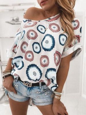 Women Abstract Floral Print One Shoulder Half Sleeve Design T-Shirts