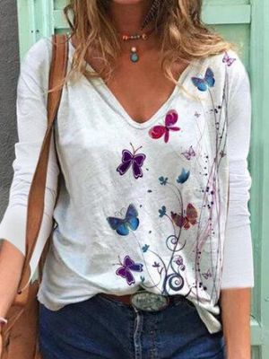 the spoty shop  WOMEN Women Butterfly Print V-neck Regular Fit Long Sleeve Casual T-Shirt