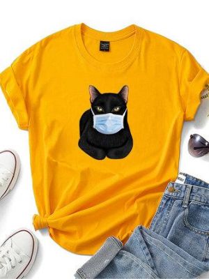 the spoty shop  WOMEN Cartoon Masks Black Cat Print Short Sleeve Daily Casual T-shirts