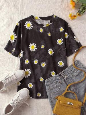 Daisy Tie Dye Print O-neck Causal Loose Tee T-shirts For Women