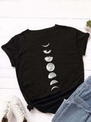 the spoty shop  WOMEN Women Lunar Eclipse Graphic Print Multi-Color O-Neck Short Sleeve Daily T-Shirt