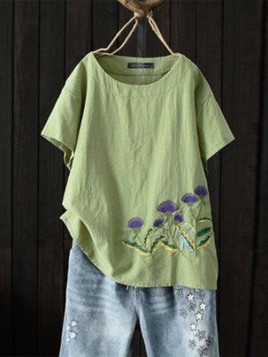 Women Casual O-Neck Floral Embroidered Short Sleeve T-Shirts