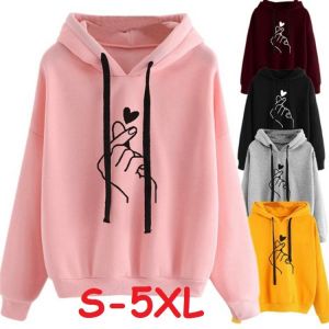 the spoty shop Hoodies Women Hoodies Casual Kpop Finger Heart Love Pattern Hooded Sweatshirts Fashion Drawstring Long Sleeve Female Pullovers Plus Size