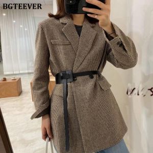 BGTEEVER Autumn Winter Vintage Houndstooth Woolen Blazer Jackets for Women Double Breasted Belted Female Outwear with belt 2021