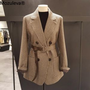 Mozuleva Korean Plaid Women Work Blazer Jacket Casual Double-breasted Sashes Suit Jacket Female 2021 Slim Female Blazer Outwear