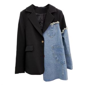 [EWQ]2021 Autumn New Women Stitching Denim Jacket Loose Casual Ladies Office Coat Contrasting Color Design Suits Outwear