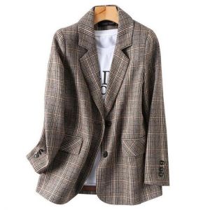 Casual Women&#x27;s Suit Jacket Loose Autumn Plaid Long Sleeve Female Blazer Elegant Ladies Office Coat High Quality