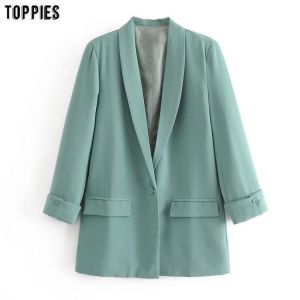the spoty shop JACKET Toppies 2021 Women Long Jacket Rolled Sleeve Blazer Femenino Suit Single Button Chaquetas White Coat