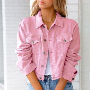 the spoty shop JACKET Autumn Long Sleeve Women&#x27;s Denim Jacket Solid Coats Turn Down Collar Pockets Cropped Tops Casual Fashion Female Cowboy Jacket