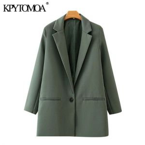 KPYTOMOA Women 2021 Fashion Office Wear Single Button Blazers Coat Vintage Long Sleeve Pockets Female Outerwear Chic Tops