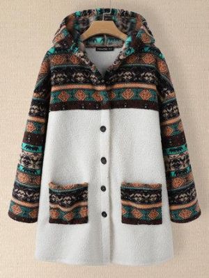 the spoty shop  WOMEN-WINTER NEW Women Fluffy Ethnic Pattern Patchwork Casual Home Wear Teddy Coat Jackets