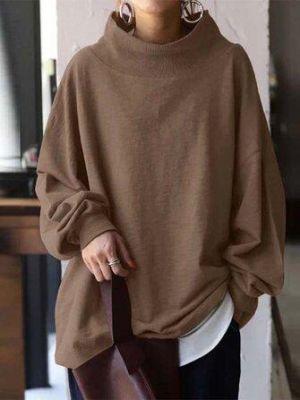Women Knitting Fleece Long Solid Turtleneck Loose Long Sleeve Casual Sweatshirt