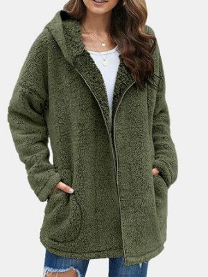 the spoty shop  WOMEN-WINTER NEW Women Fluffy Solid Full Zipper Hood Side Pocket Long Sleeve Warm Casual Hooded Sweatshirts