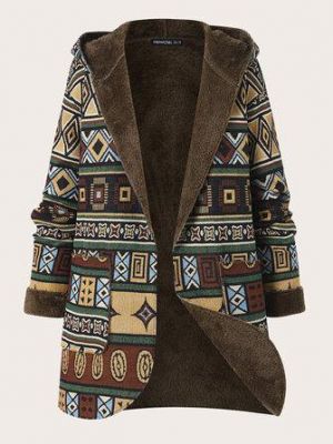 the spoty shop  WOMEN-WINTER NEW Women Vintage Fluffy Geometric Patchwork Striped Hooded Side Pockets Long Sleeve Coats