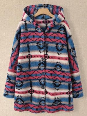 the spoty shop  WOMEN-WINTER NEW Women Fluffy Ethnic Pattern Pocket Home Wear Hooded Lamb Casual Jackets