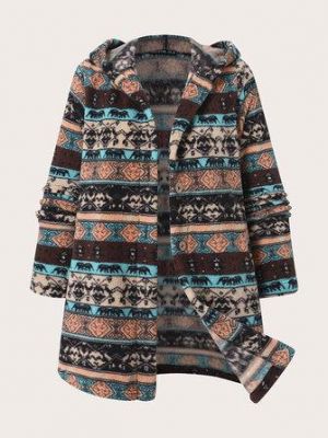 Women Fluffy Ethnic Pattern Striped Patchwork Side Pockets Long Sleeve Casual Coats