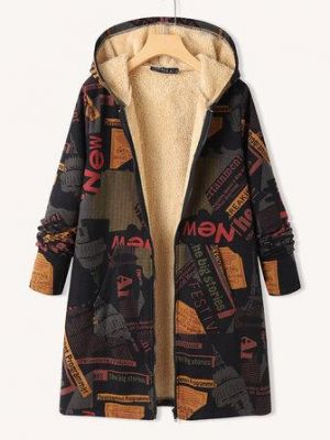 Women Hooded Plush Patchwork Letter Print Pocket Zip Front Long Sleeve Casual Jackets