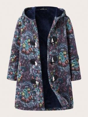 Women Plush Floral Pattern Horn Button Hooded Side Pockets Long Sleeve Vintage Coats
