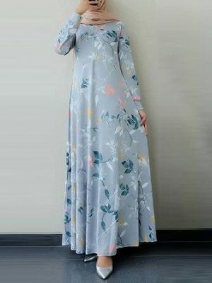 Women Ethnic Floral Print O-Neck Bohemian Casual Long Sleeve Maxi Dress