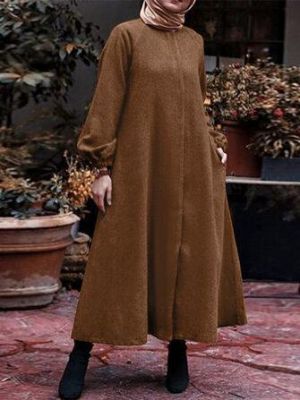 the spoty shop DRESSES Women Solid Corduroy Abaya Kaftan Long Sleeve Ankle Length Midi Dresses