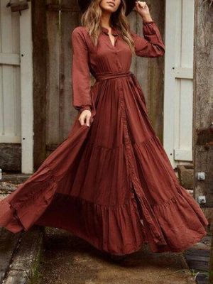 the spoty shop DRESSES Vintage Puff Sleeve Button Stand Collar Long Sleeve Belted Pleated Maxi Dress For Women