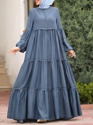 the spoty shop DRESSES Women Layered Pleats Solid Color Puff Casual Long Sleeve Bohemian Maxi Dress