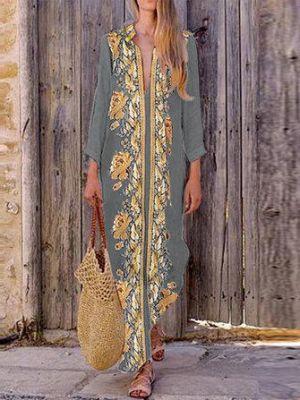 the spoty shop DRESSES Bohemian Women V Neck Floral Print Beach Holiday Split Maxi Dress